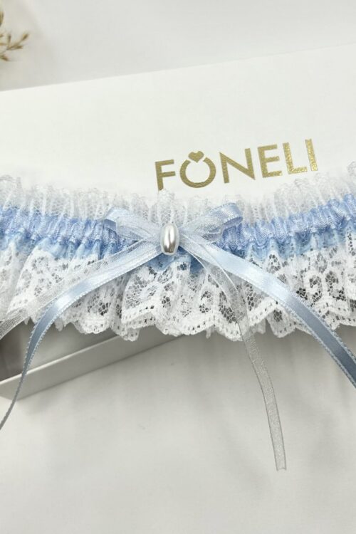 „Lucia“ Wedding Garter with Double Bow and Pearl – Light Blue